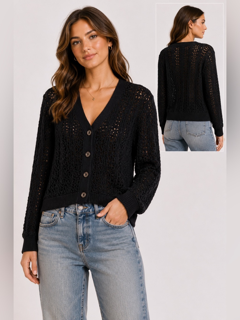 ARITZIA Wilfred Black Crochet Knit Button-Up Cardigan Sweater XS